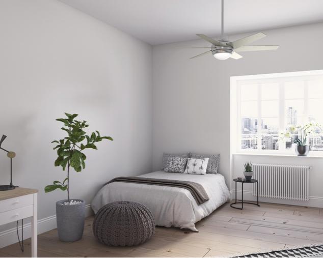 Bedroom scene with nickel finish ceiling fan