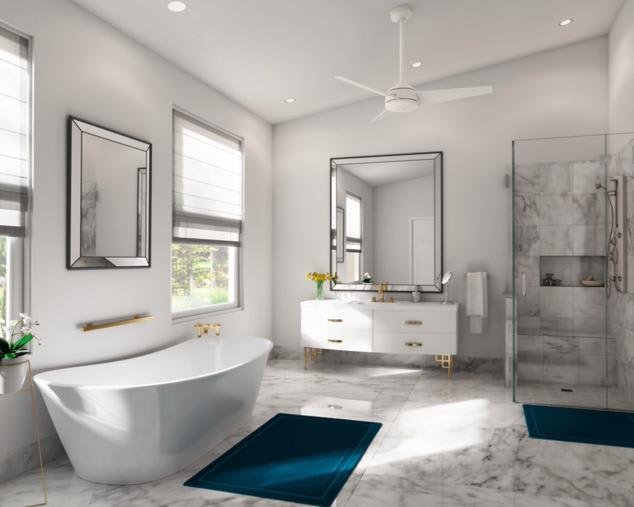 Bathroom scene with white finish ceiling fan