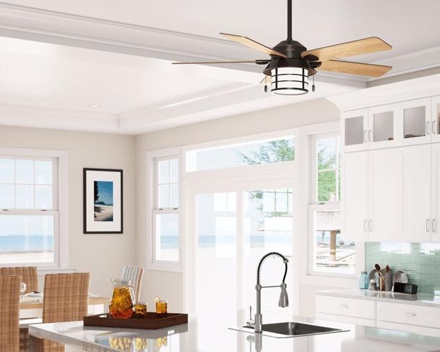 Kitchen room scene with Key Biscayne ceiling fan in onyx bengal finish