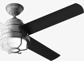 Ceiling fan split in half with one side displaying a 3D rendering of the fan and the other side the finished product