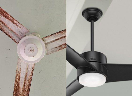 Comparison image of a Hunter ceiling fan next to a competitors ceiling fan that has corrosion