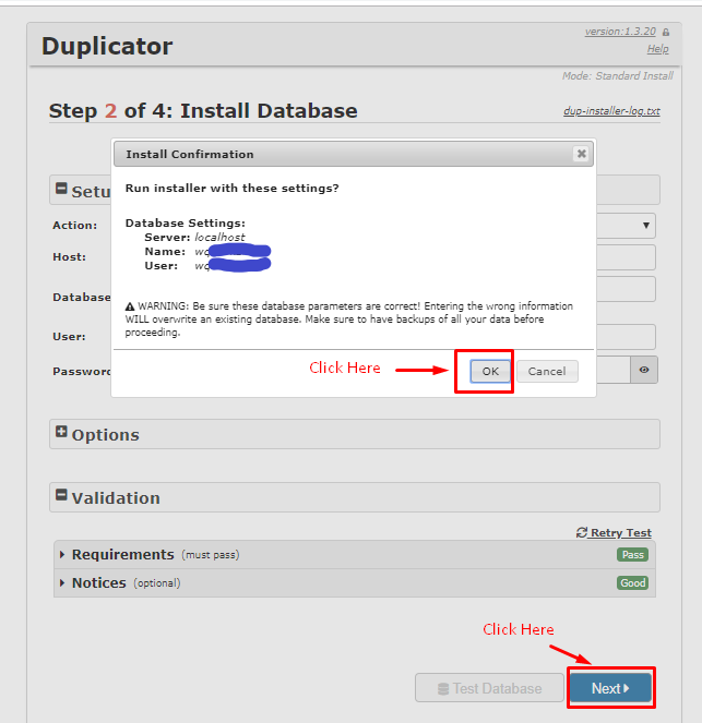 install duplicator database