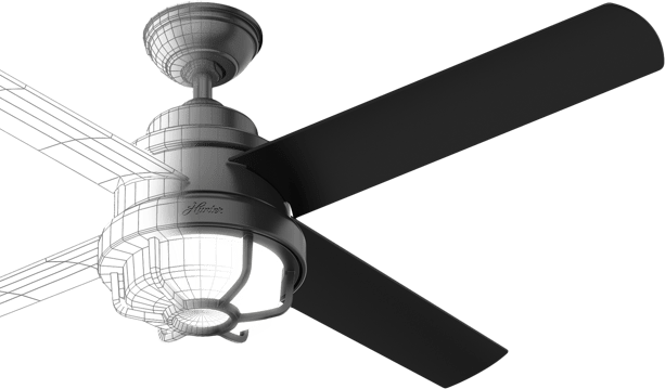Ceiling fan split in half with one side displaying a 3D rendering of the fan and the other side the finished product